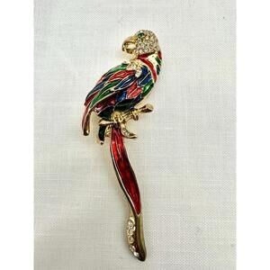 Vintage Parrot Brooch Swarovski Crystal/Enamel Gold Tone